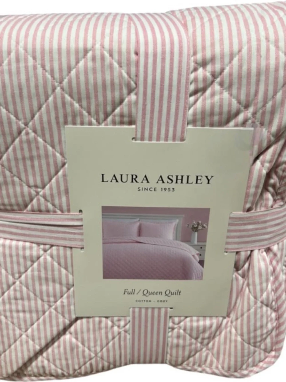 Laura Ashley Pink and White Striped Queen Cotton Quilt 90”x90”